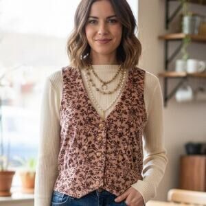 Vintage Velvet Small Floral Print Button Down Vest